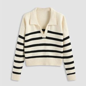 STRIPED COLLAR KNIT POLO TOP XS